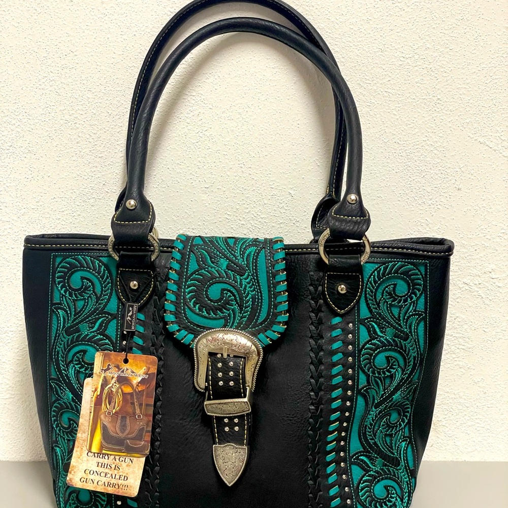 Montana West leather concealed carry purse.Turquoise/dark brown.Brand New